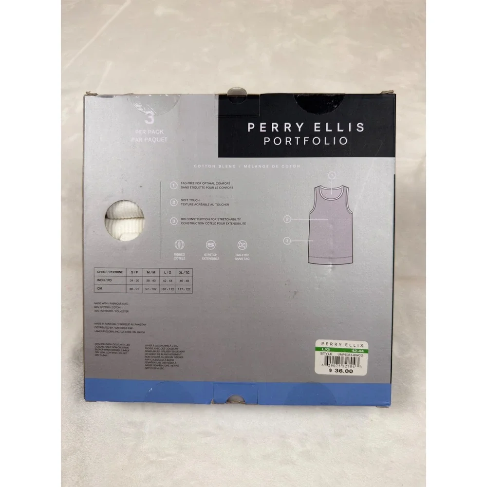 Perry Ellis Portfolio Mens 3 Pack Ribbed Tank Tops White Cotton Blend Large New